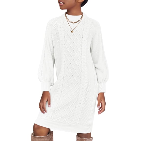 Oudiya Girls Sweater Dress Puff Long Sleeve Casual Cable Knit Pullover Winter Christmas Dresses for Kids 6-13Y