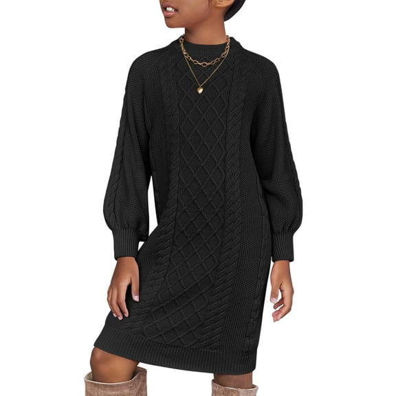 Oudiya Girls Sweater Dress Puff Long Sleeve Casual Cable Knit Pullover Winter Christmas Dresses for Kids 6-13Y