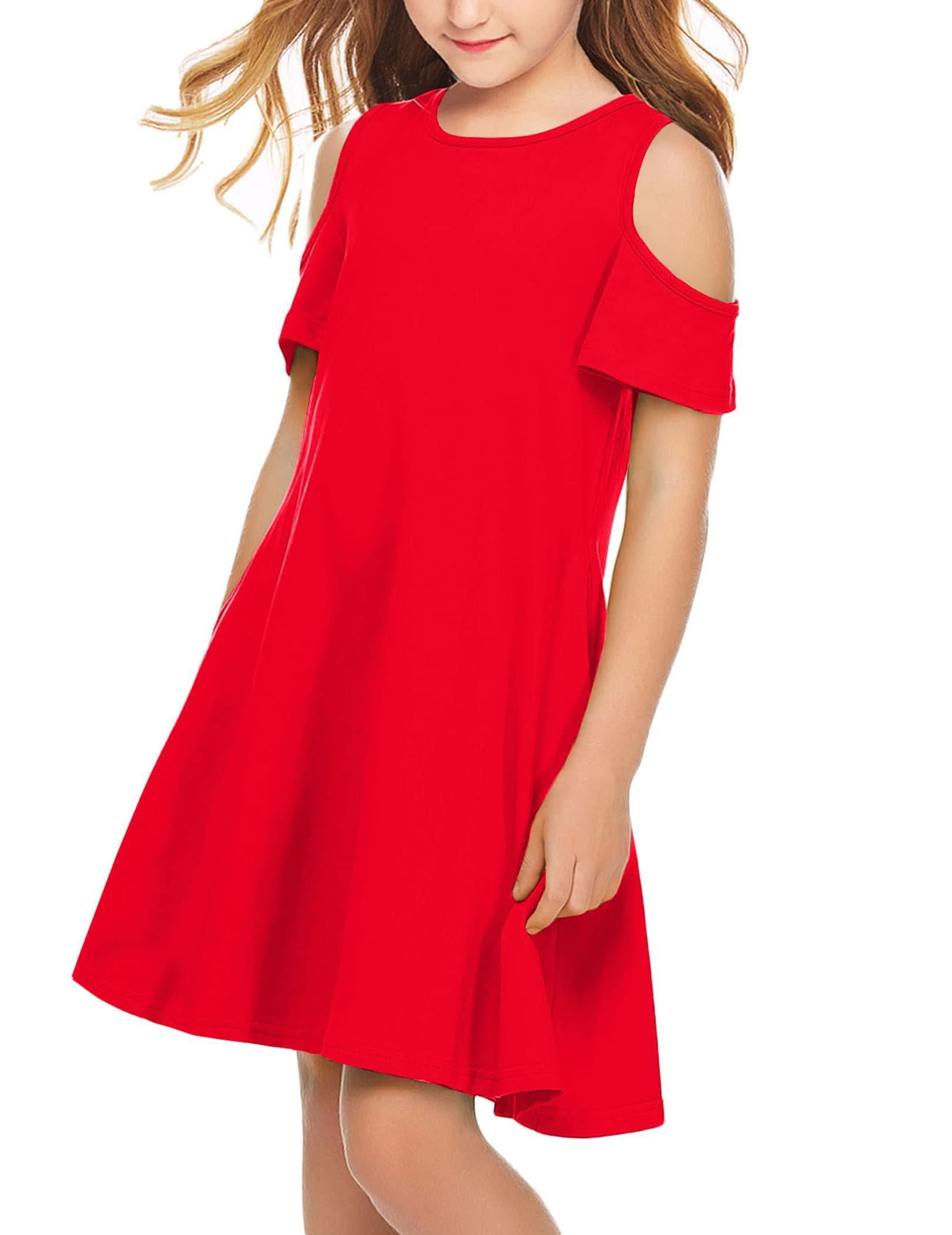 Oudiya Girls Swing Dress Summer Solid Off Shoulder Short Sleeve
