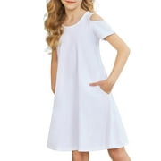 Oudiya Girls Swing Dress Summer Solid Off Shoulder Short Sleeve with Pockets White for 9-10Y
