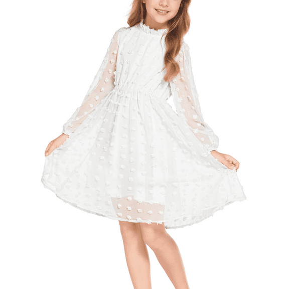 Oudiya Girls Swiss Dot Dresses Flared Sleeve Ruffle Collar Casual Party Dresses for Kids 5-13Y