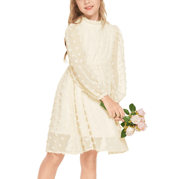 Oudiya Girls Swiss Dot Dresses Flared Sleeve Ruffle Collar Casual Party Dresses for Kids 5-13Y