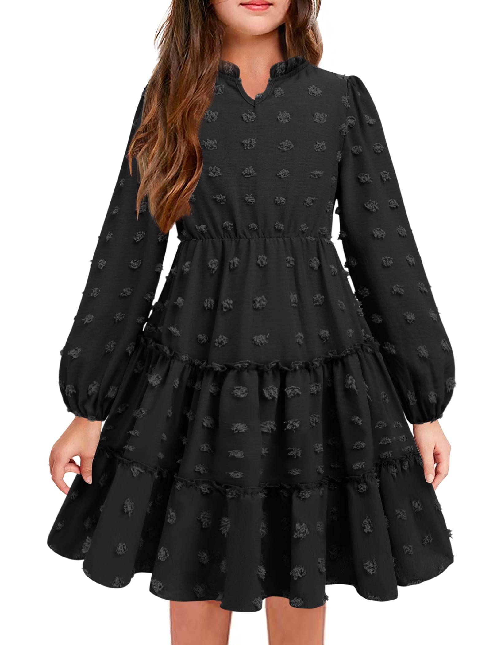 black polka dot long sleeve dress Omari Black Chiffon Polka Dot Ruffled Neckline Mini Dress L / US 8-10