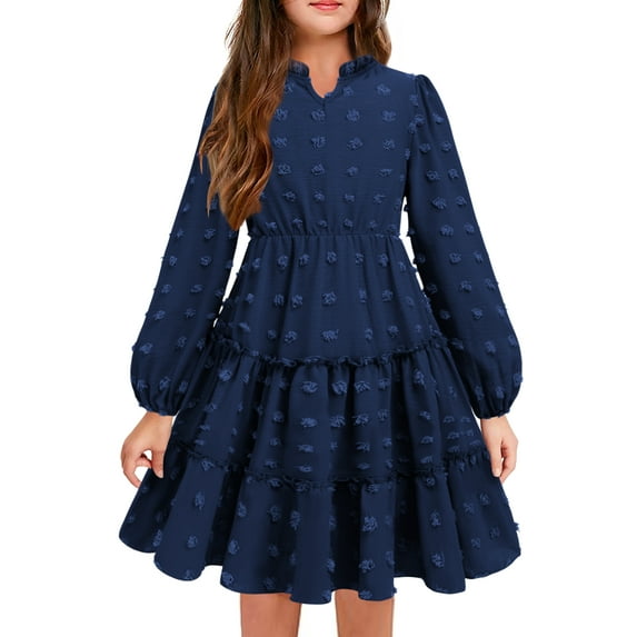 Oudiya Girls Swiss Dot Long Sleeve Dress V Neck Ruffle Tiered Casual Party Dress, 5-13Y