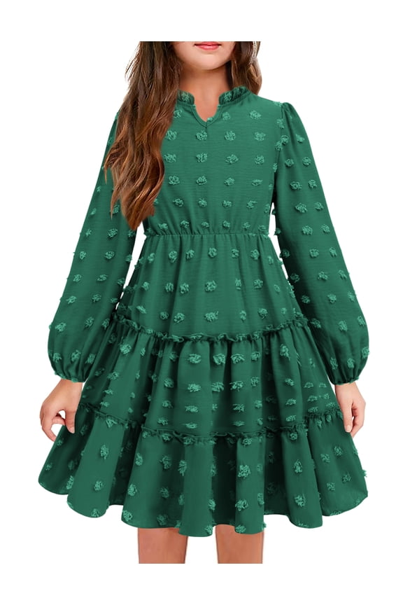 Girls Swiss Dot Long Sleeve Dress V Neck Ruffle Tiered Casual Party Dress, 5-13Y