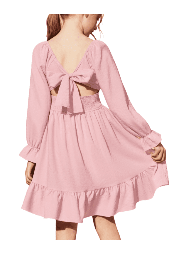 Girls Tie Back Long Sleeve Dress Ruffle Hem Off Shoulder Elegant Casul Fall Dress 6-14 Years