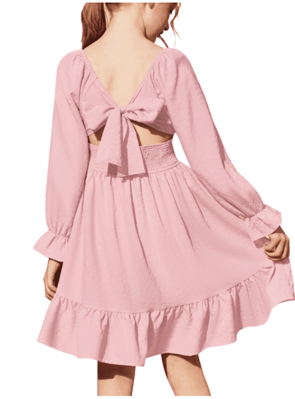 Girls Tie Back Long Sleeve Dress Ruffle Hem Off Shoulder Elegant Casul Fall Dress 6-14 Years
