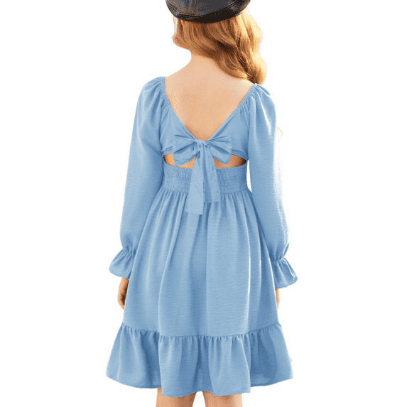 Oudiya Girls Tie Back Long Sleeve Dress Ruffle Hem Off Shoulder Elegant Casul Fall Dress 6-14 Years