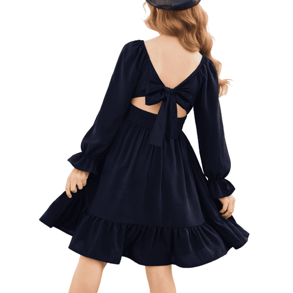 Oudiya Girls Tie Back Long Sleeve Dress Ruffle Hem Off Shoulder Elegant Casul Fall Dress 6-14 Years