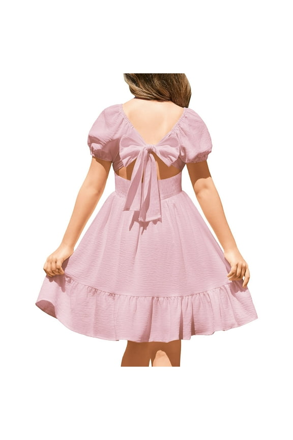 Girls Tie Back Short Sleeve Dress Ruffle Hem Off Shoulder Elegant Casual Summer Dress 6-14 Years