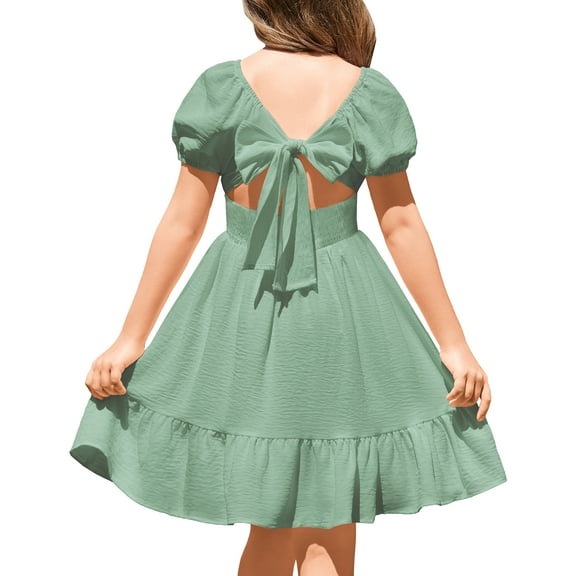 Oudiya Girls Tie Back Short Sleeve Dress Ruffle Hem Off Shoulder Elegant Casual Summer Dress 6-14 Years