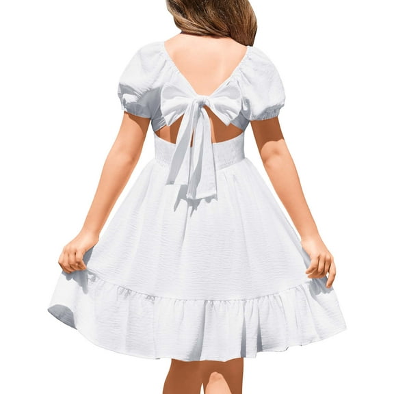 Oudiya Girls Tie Back Short Sleeve Dress Ruffle Hem Off Shoulder Elegant Casual Summer Dress 6-14 Years
