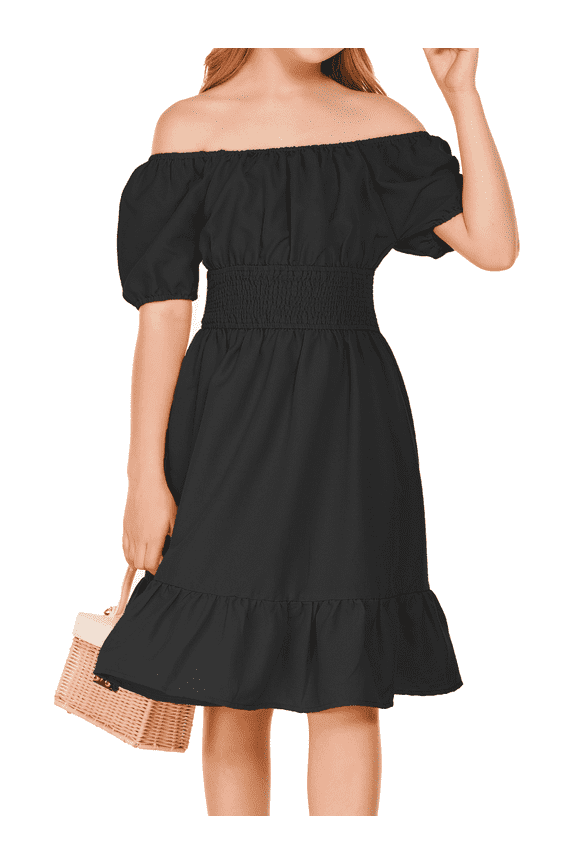 Oudiya Girls Tie Back Short Sleeve Ruffle Hem Off Shoulder Elegant Casual Summer Dresses, Black, 13-14Y