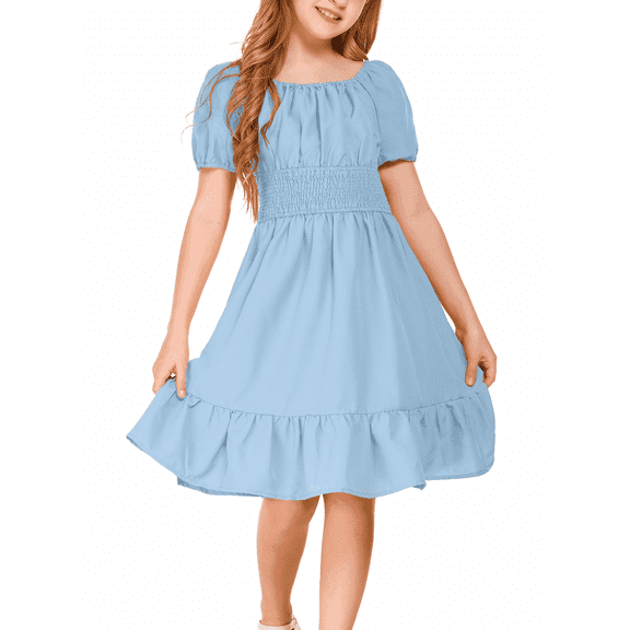 Oudiya Girls Tie Back Short Sleeve Ruffle Hem Off Shoulder Elegant Casual Summer Dresses, Blue, 4-5Y