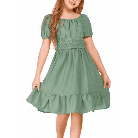 Oudiya Girls Tie Back Short Sleeve Ruffle Hem Off Shoulder Elegant Casual Summer Dresses, Light Green, 4-5Y