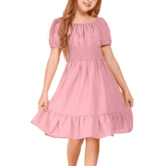 Oudiya Girls Tie Back Short Sleeve Ruffle Hem Off Shoulder Elegant Casual Summer Dresses, Pink, 4-5Y