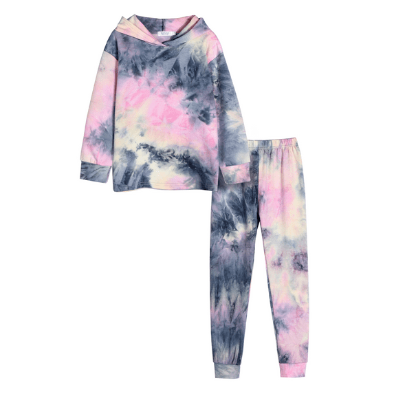 Oudiya Girls Tie Dye Sweatsuit Casual Pullover Long Sleeve Hooded Sweatshirt Pants 2 Piece Set Fall Winter Outfits, 5-14 Years