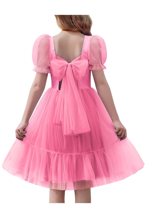 Girls Tulle Dresses Puff Sleeve Bow Tie Back Spring Summer Party Holiday Dress for Kids 6-16