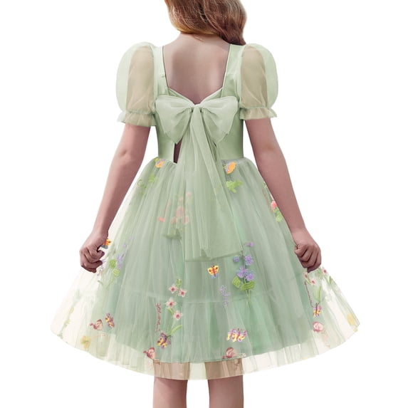 Oudiya Girls Tulle Dresses Puff Sleeve Bow Tie Back Spring Summer Party Holiday Dress for Kids 6-16