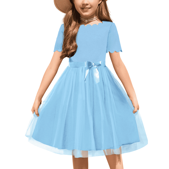 Oudiya Girls Tutu Belted Fluffy Blue Dress Summer Party Wedding Flower Dress for Kids 3-11Y
