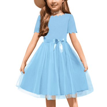 Oudiya Girls Tutu Belted Fluffy Blue Dress Summer Party Wedding Flower Dress for Kids 3-11Y