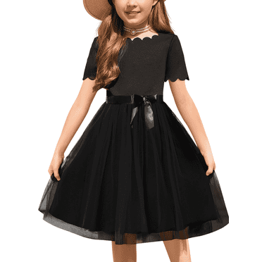 Oudiya Girls Tutu Belted Fluffy Black Dress Summer Party Wedding Flower Dress for Kids 3-11Y