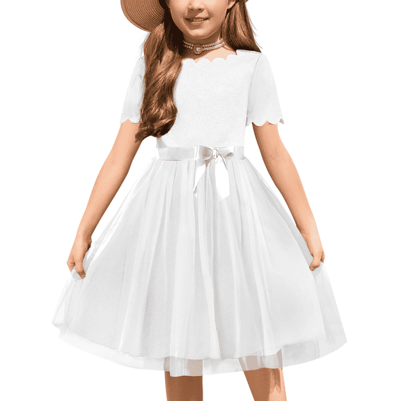 Oudiya Girls Tutu Belted Fluffy White Dress Summer Party Wedding Flower Dress for Kids 3-11Y