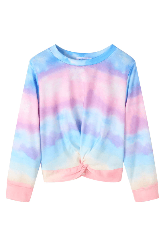 Girls Twist Front Tie Dye Sweatshirt Casual Long Sleeve Pullover Crop Tops for Kids 4-12Y