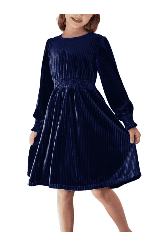 Girls Velvet Long Sleeve Dress Crew Neck Winter Fall Vintage Party Dress for Kids 4-13Y