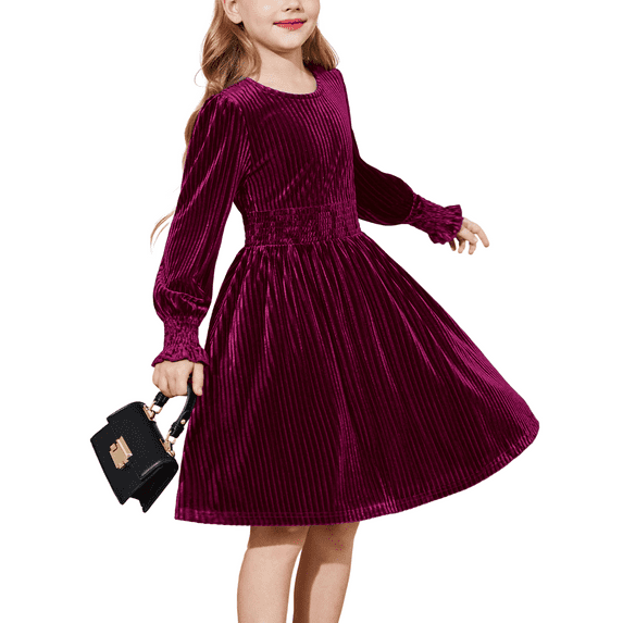 Oudiya Girls Velvet Long Sleeve Dress Crew Neck Winter Fall Vintage Party Dress for Kids 4-13Y