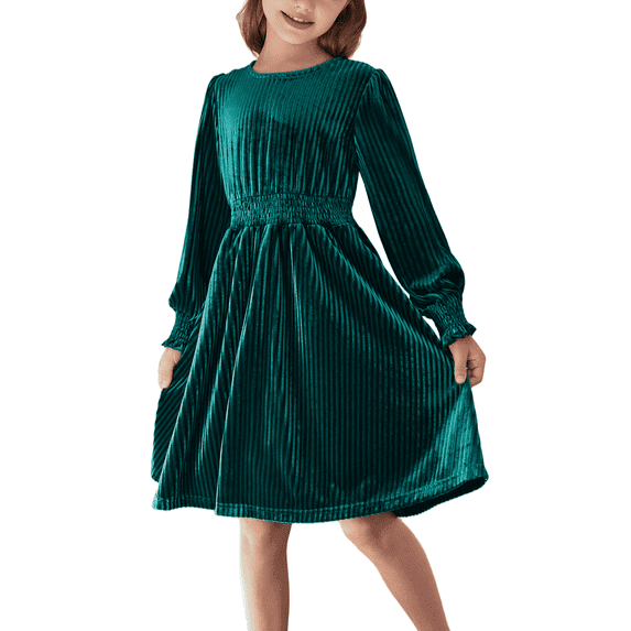 Oudiya Girls Velvet Long Sleeve Dress Crew Neck Winter Fall Vintage Party Dress for Kids 4-13Y