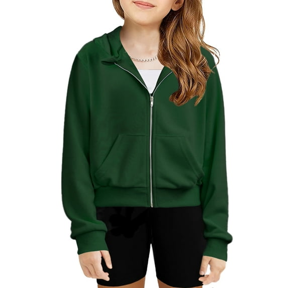 Oudiya Girls Zip Up Cropped Hoodies Long Sleeve Sweatshirts Jackets with Pockets, 5-14Y