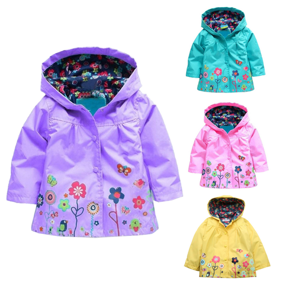 Oudiya Girls and Kids Waterproof Rain Jacket Toddler Lightweight Cotton Lined Raincoats with Hood Floral Rain Gear