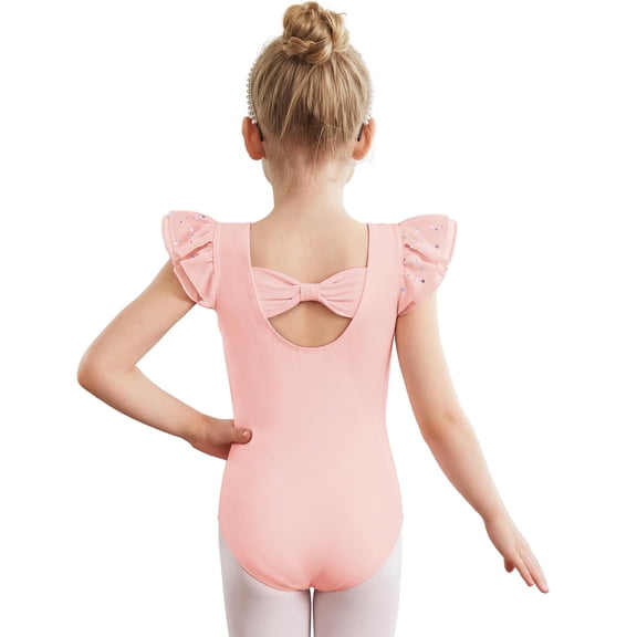Oudiya Gymnastics Leotards for Girls Bow Back Chiffon Ruffle Sleeve Ballet Dance Leotard for 2-11 Years