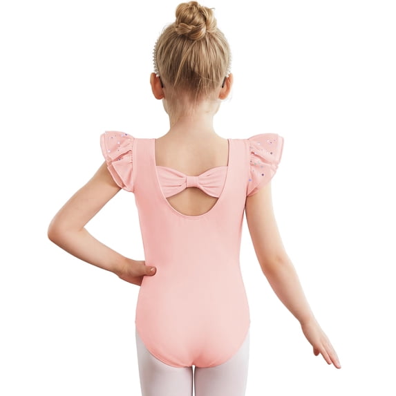Oudiya Gymnastics Leotards for Girls Bow Back Chiffon Ruffle Sleeve Ballet Dance Leotard for 2-11 Years