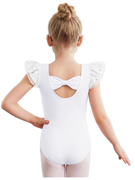 Gymnastics Leotards for Girls Bow Back Chiffon Ruffle Sleeve Ballet Dance Leotard for 2-11 Years