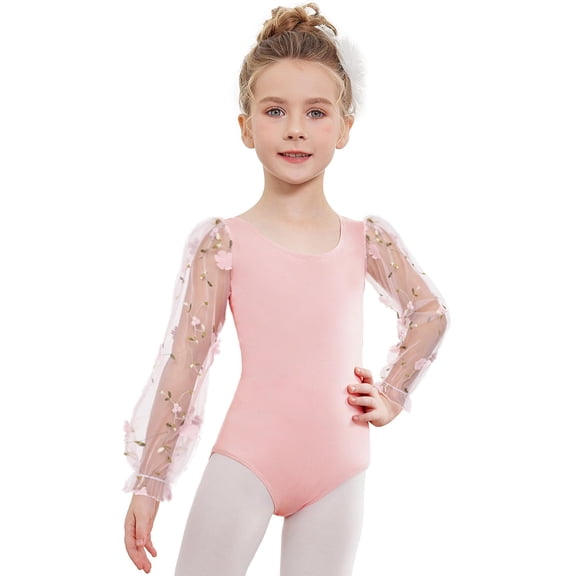 Oudiya Gymnastics Leotards for Girls Mesh Puffy Lantern Long Sleeve Ballet Dance Outfit, 3-12Y