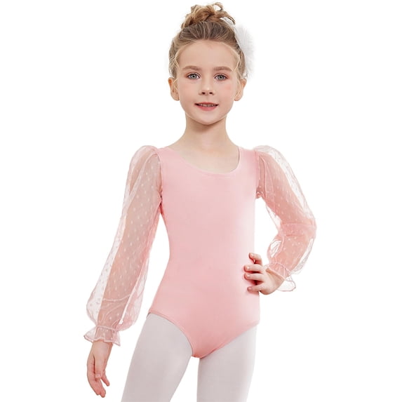 Oudiya Gymnastics Leotards for Girls Mesh Puffy Lantern Long Sleeve Ballet Dance Outfit, 3-12Y