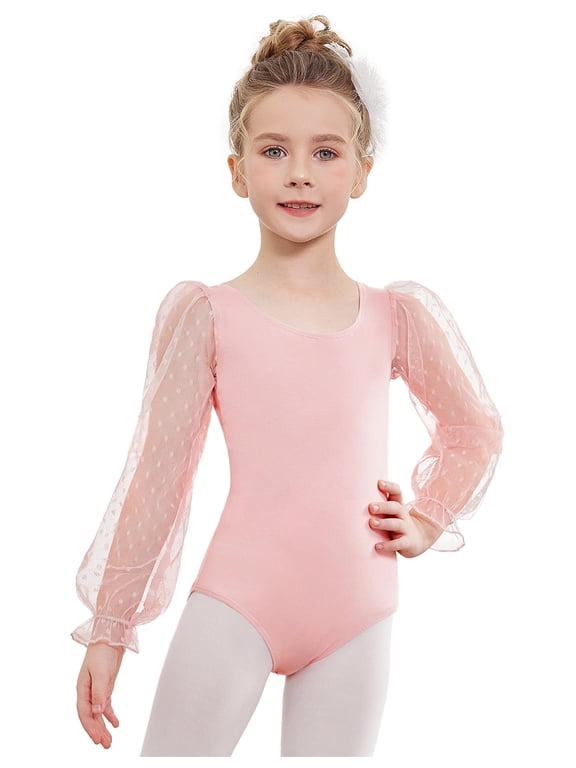 Gymnastics Leotards for Girls Mesh Puffy Lantern Long Sleeve Ballet Dance Outfit, 3-12Y