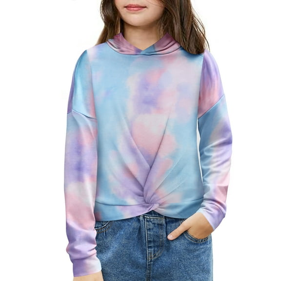 Oudiya Hoodies for Teen Girls Twist Front Tie Dye Hooded Sweatshirt Casual Long Sleeve Tops Clothes for 5-13 Years