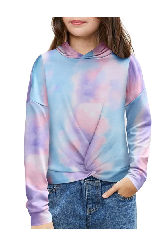 Hoodies for Teen Girls Twist Front Tie Dye Hooded Sweatshirt Casual Long Sleeve Tops Clothes for 5-13 Years