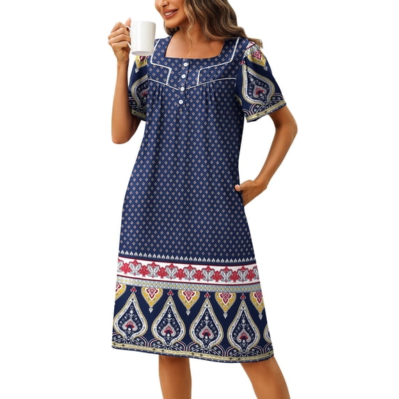 Oudiya House Dress for Women with Pockets Moomoo Dresses Short Sleeve Mumu Nightgown Button Down Sleepwear, S-3XL