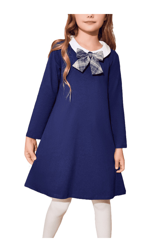 Kids Navy Blue Vintage Long Sleeve T-Shirt Dress with Peter Pan Collar for girls 4-13 Years