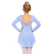 Oudiya Little Girls Ballet Dance Dress Long Sleeve Criss Cross Back Skirted Leotard Dancewear Sky Blue for 14-15 Years Children