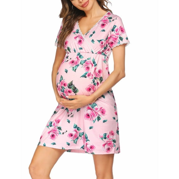 Oudiya Nursing Short Sleeve Nightgown Delivery and Labor Gown for Hospital Maternity Breastfeeding Dress
