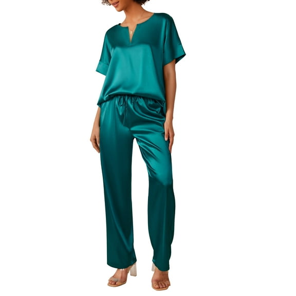 Oudiya Satin Pajama Set Womens Silk Short Sleeve V Neck Shirt with Long Pant Soft Loungewear Pjs Set