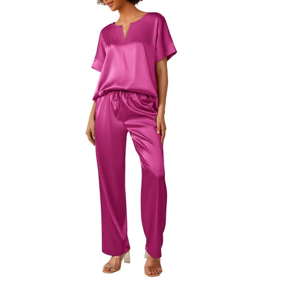 Oudiya Satin Pajama Set Womens Silk Short Sleeve V Neck Shirt with Long Pant Soft Loungewear Pjs Set