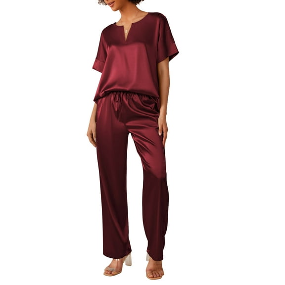 Oudiya Satin Pajama Set Womens Silk Short Sleeve V Neck Shirt with Long Pant Soft Loungewear Pjs Set