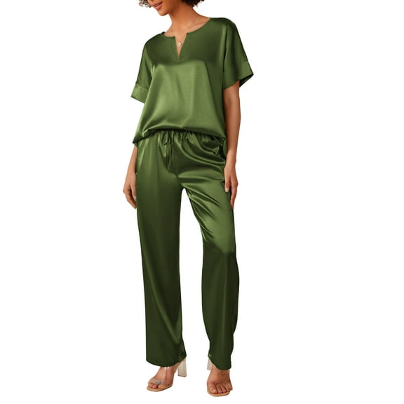 Oudiya Satin Pajama Set Womens Silk Short Sleeve V Neck Shirt with Long Pant Soft Loungewear Pjs Set