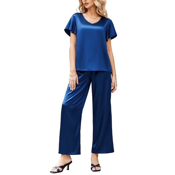 Oudiya Silk Pajamas Satin 2 Piece Short Sleeve Top and Long Pants Pj Sets Silky Sleepwear Loungewear for Women